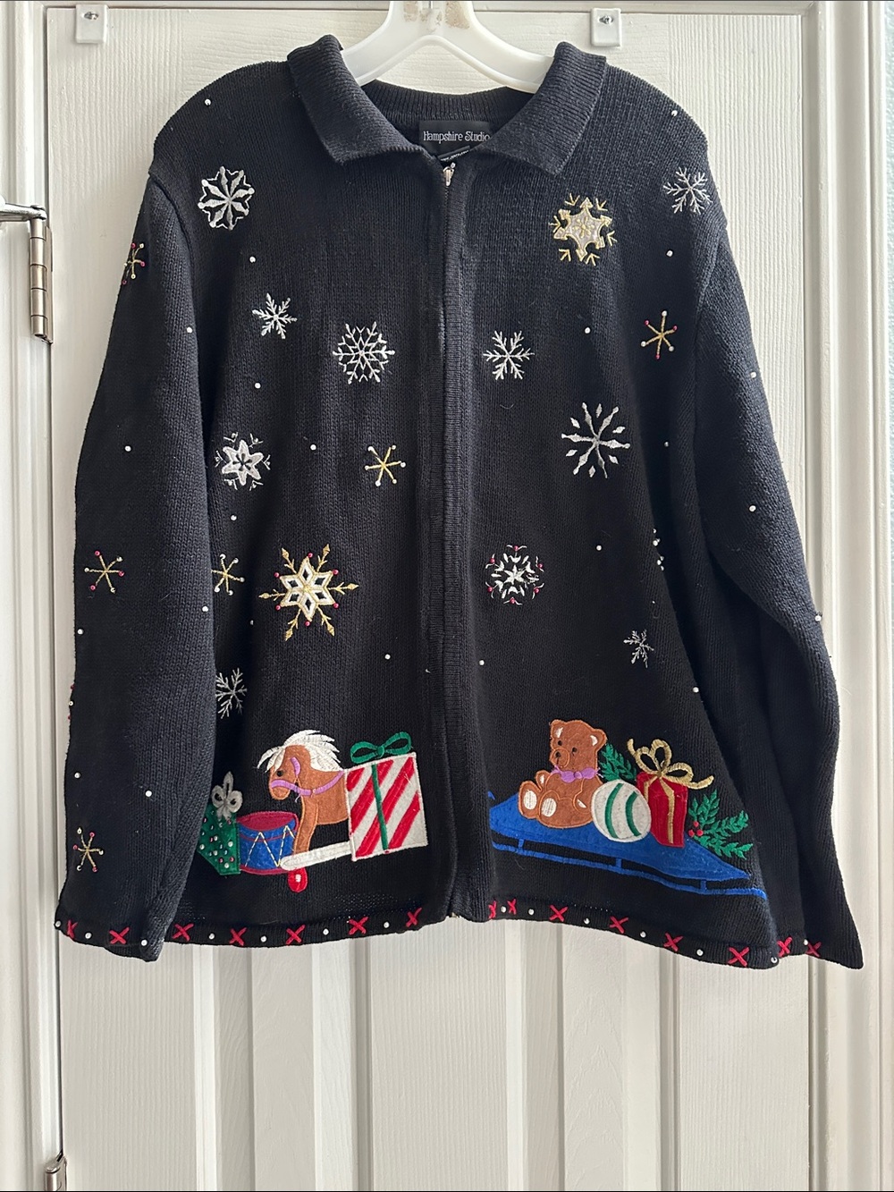 Black vintage Holiday Full Zip Cardigan Festive Embroidery Santa 1X Embroidered